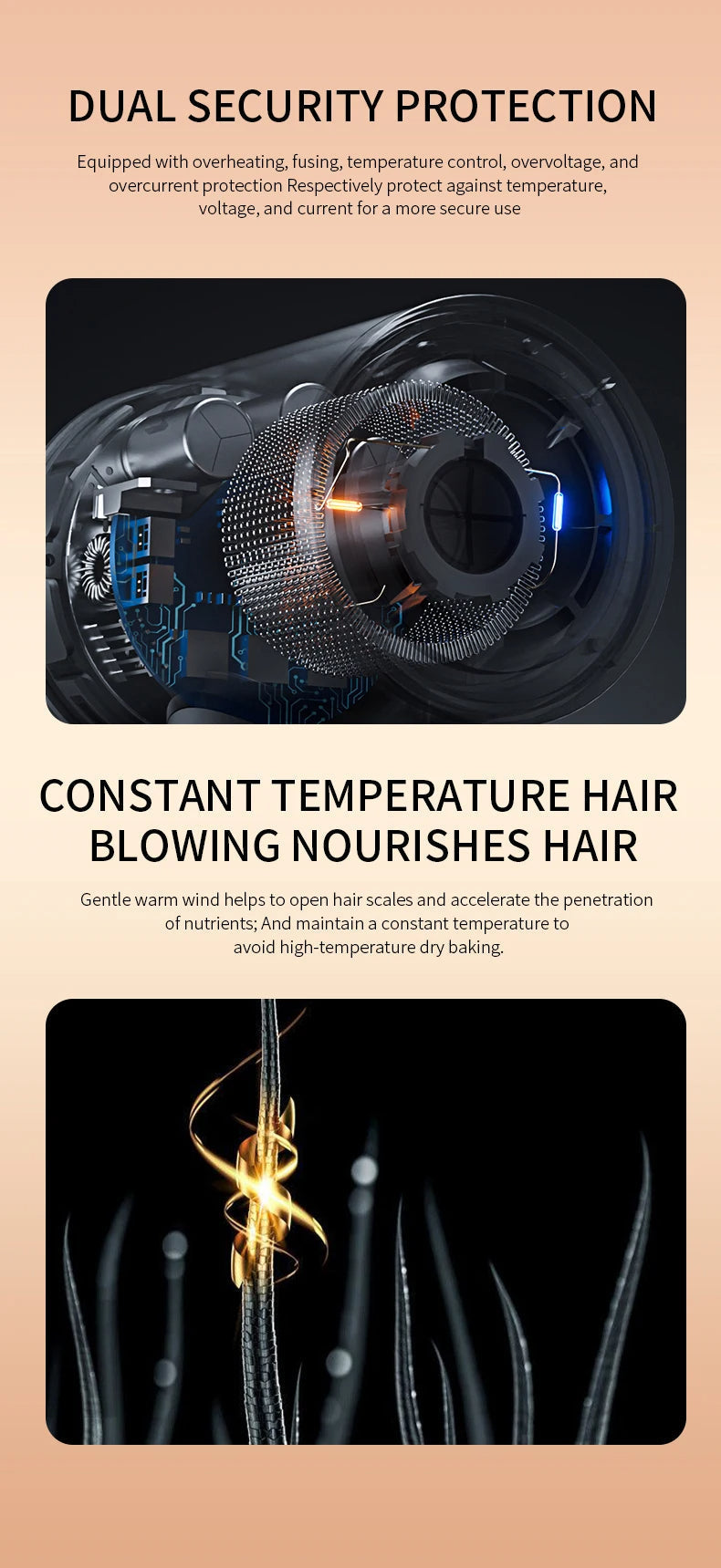 Professional 2400W hair dryer. Negative ion technology for smooth, shiny, fast-dried hair.