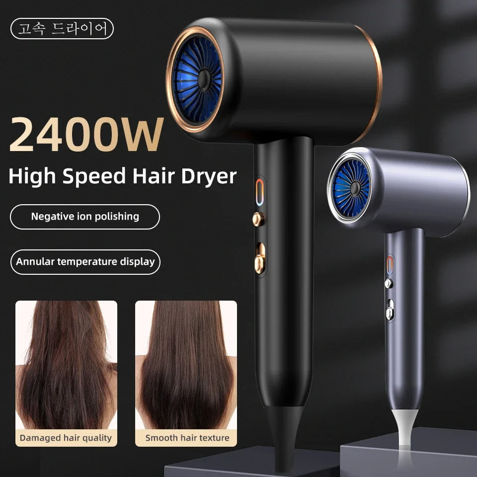 Hair styling made easy with 2400W professional hair dryer, negative ions for smooth finish.