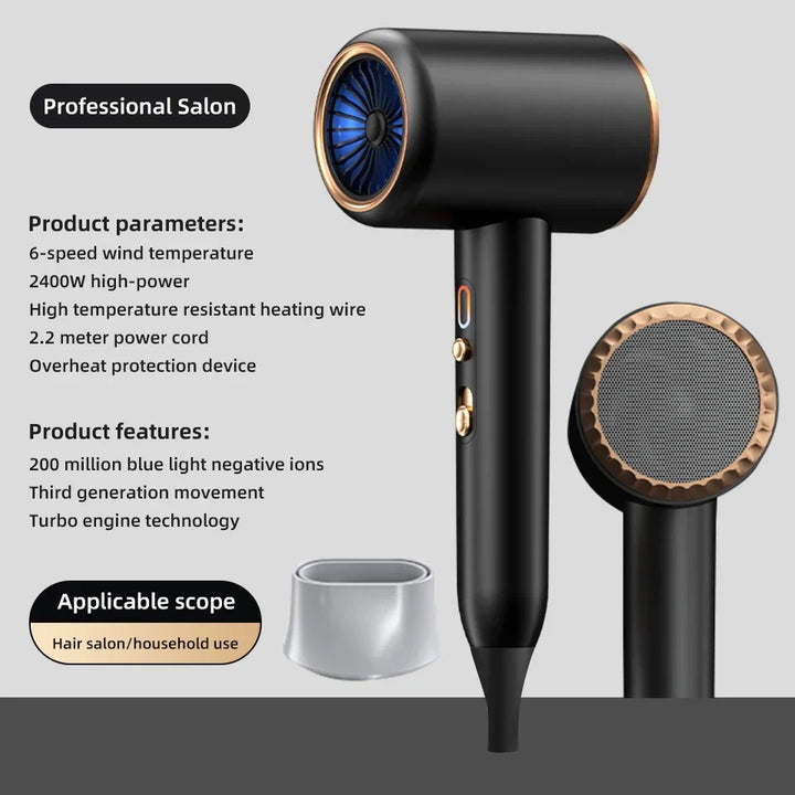 Professional 2400W hair dryer for salon-quality results, hot/cold air, and negative ions.