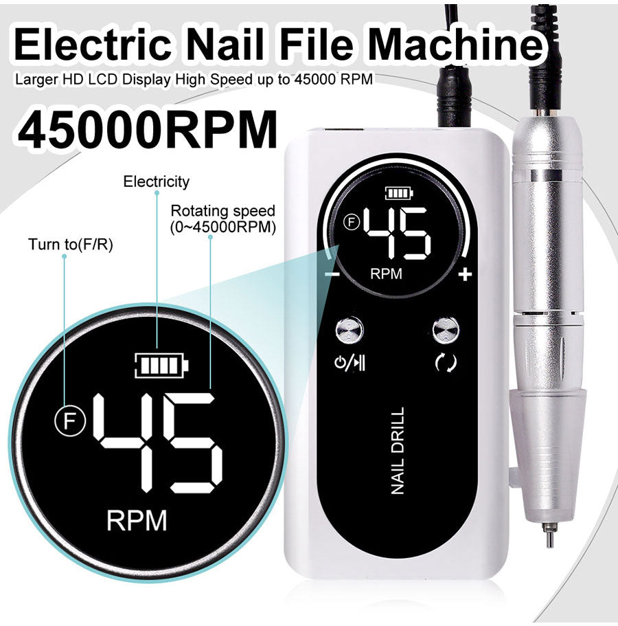Professional rechargeable electric nail drill, 45,000 RPM, ideal for gel, acrylics, manicure & pedicure.