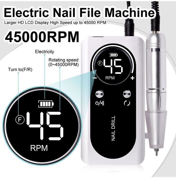 Professional rechargeable electric nail drill, 45,000 RPM, ideal for gel, acrylics, manicure & pedicure.
