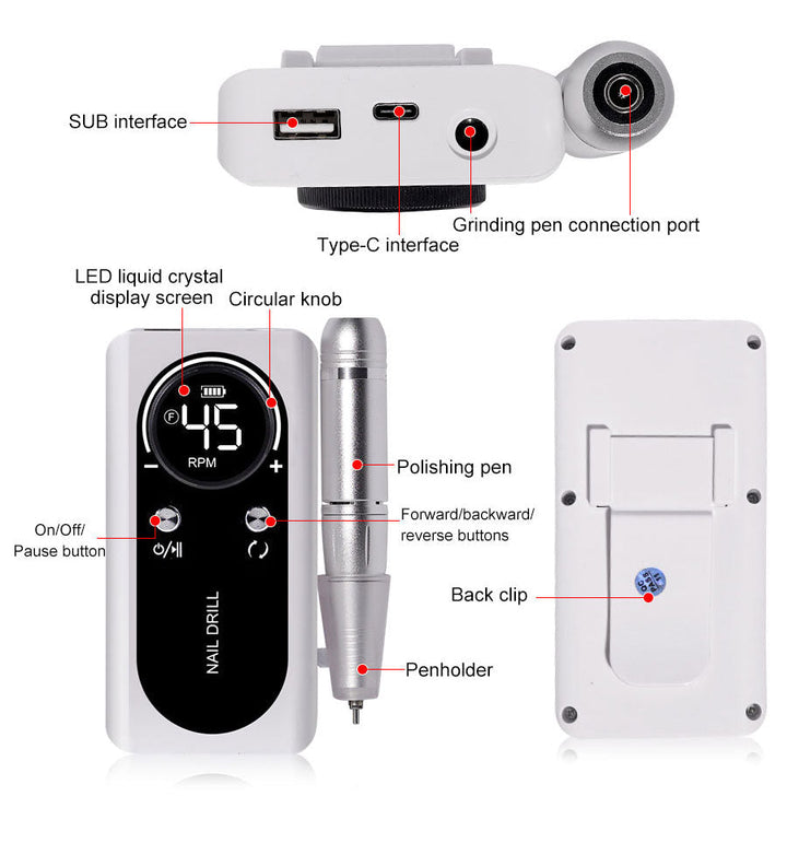 Portable cordless electric nail drill for professional nail care, perfect for gel nails, acrylics & nail art.