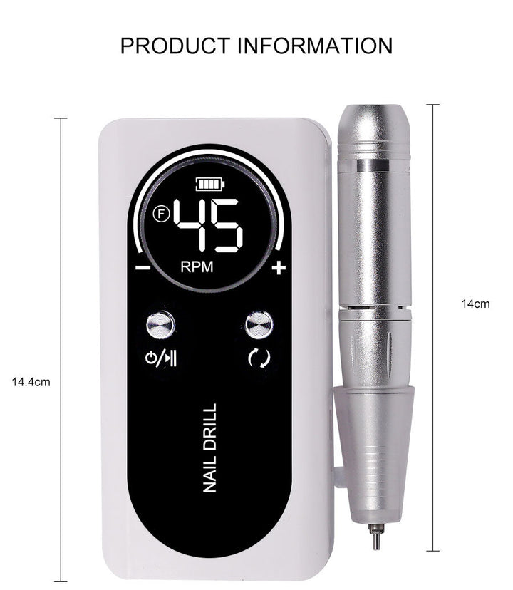 High-speed 45,000 RPM electric nail drill, rechargeable for precise manicure, pedicure & gel/acrylic removal.