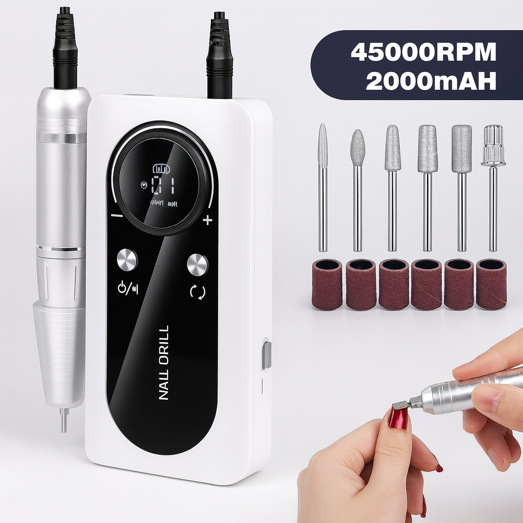 Compact & portable rechargeable electric nail drill, 45,000 RPM, for home or professional nail care.