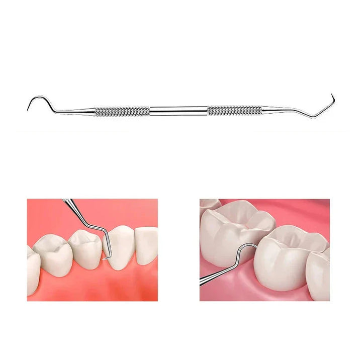 Precision dental explorer & tartar scraper; essential stainless steel tool for home oral hygiene.