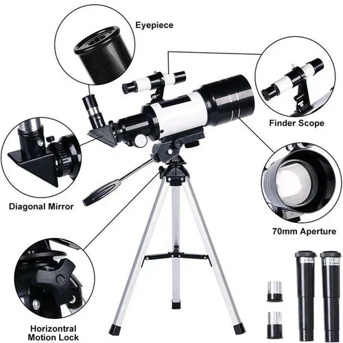 "Professional telescope with tripod for stargazing, featuring 70mm aperture, ideal for moon watching and celestial viewing."