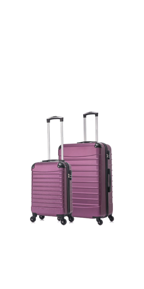 Purple 2-piece hard shell luggage set for travel; durable rolling suitcases for vacation & weekend trips.
