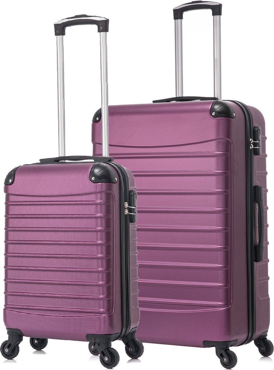 Rolling purple 2-piece hard shell suitcase set; easy-to-maneuver luggage for all your travel needs.