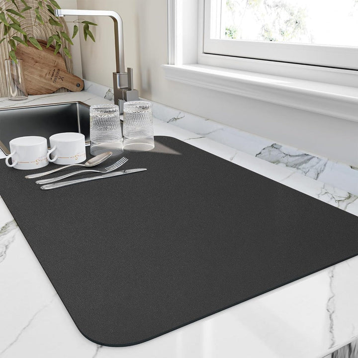Soft microfiber quick-dry dish drying mat. Keeps kitchen counters dry and organized.
