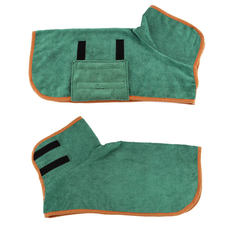 Quick-drying dog bathrobe in soft blue microfiber, snug fit with Velcro closures, ideal for cozy warmth after baths.