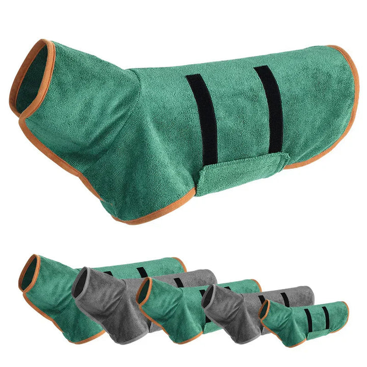 Quick-drying dog bathrobe in soft blue microfiber, snug fit with Velcro closures, ideal for cozy warmth after baths.