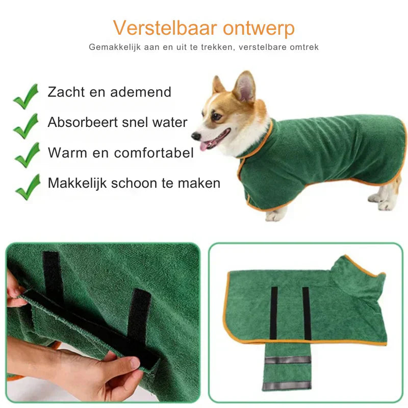Quick-drying dog bathrobe in soft blue microfiber, snug fit with Velcro closures, ideal for cozy warmth after baths.