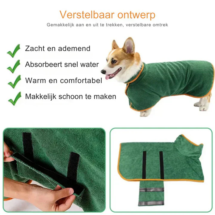 Quick-drying dog bathrobe in soft blue microfiber, snug fit with Velcro closures, ideal for cozy warmth after baths.