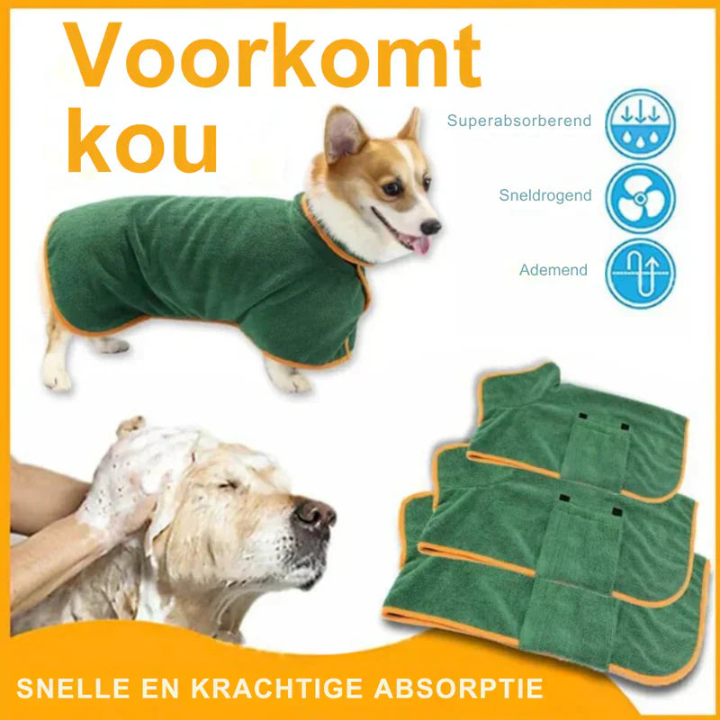 Quick-drying dog bathrobe in soft blue microfiber, snug fit with Velcro closures, ideal for cozy warmth after baths.