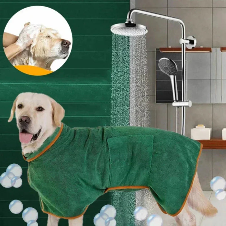 Quick-drying dog bathrobe in soft blue microfiber, snug fit with Velcro closures, ideal for cozy warmth after baths.
