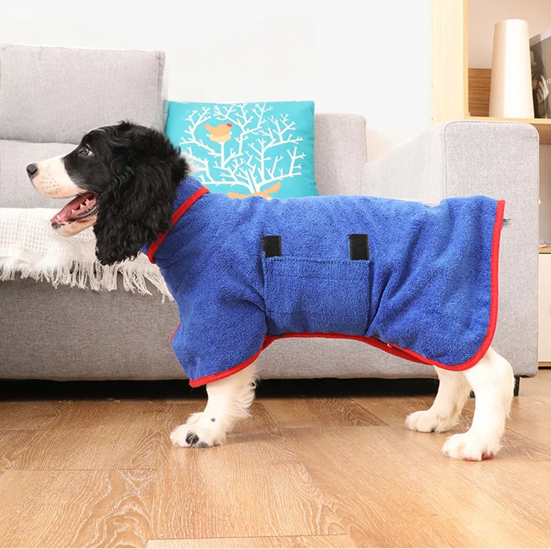 Quick-drying dog bathrobe in soft blue microfiber, snug fit with Velcro closures, ideal for cozy warmth after baths.