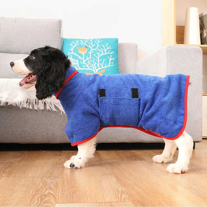 Quick-drying dog bathrobe in soft blue microfiber, snug fit with Velcro closures, ideal for cozy warmth after baths.