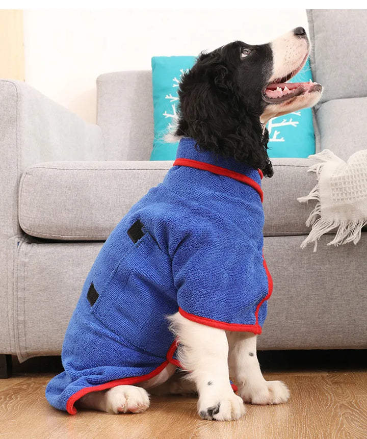 Quick-drying dog bathrobe in soft blue microfiber, snug fit with Velcro closures, ideal for cozy warmth after baths.