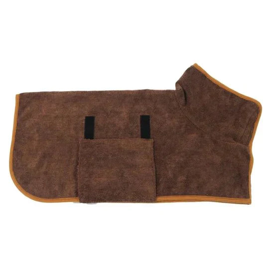 Quick-drying dog bathrobe in soft blue microfiber, snug fit with Velcro closures, ideal for cozy warmth after baths.