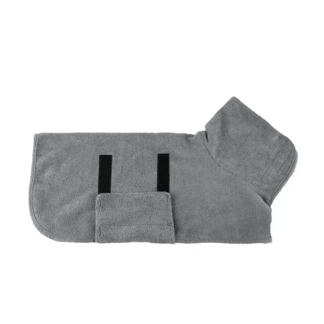 Quick-drying dog bathrobe in soft blue microfiber, snug fit with Velcro closures, ideal for cozy warmth after baths.