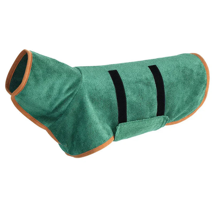 Quick-drying dog bathrobe in soft blue microfiber, snug fit with Velcro closures, ideal for cozy warmth after baths.