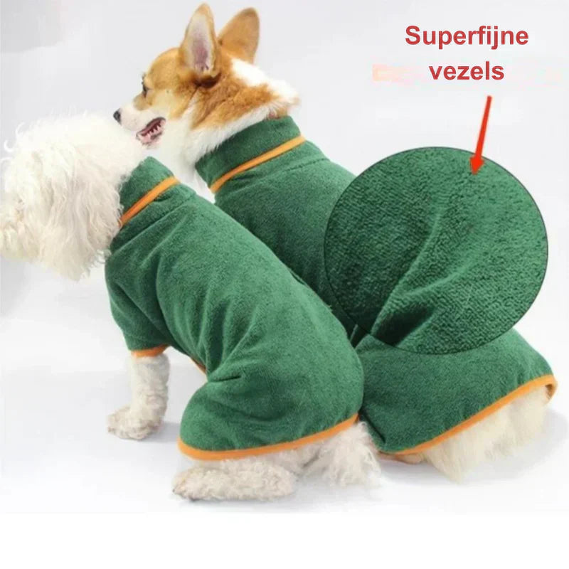 Quick-drying dog bathrobe in soft blue microfiber, snug fit with Velcro closures, ideal for cozy warmth after baths.