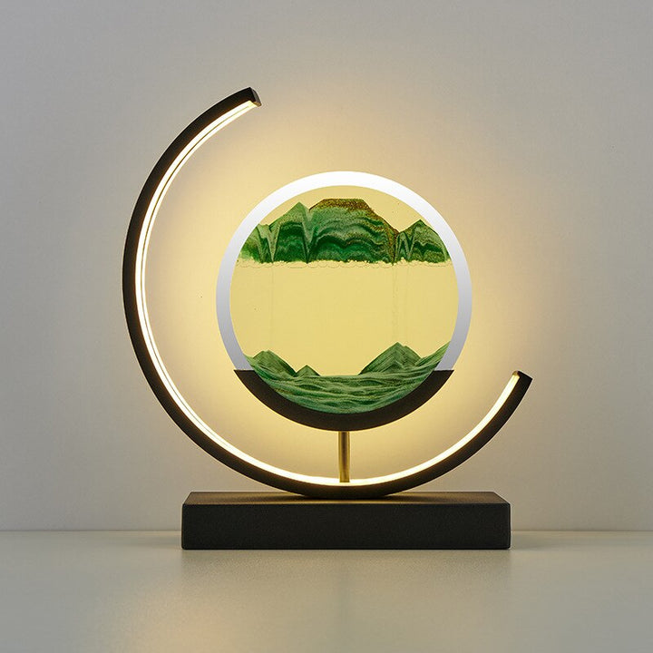 Quicksand art table lamp with rotating sand patterns, 360-degree rotation, elegant design, soft LED light, stress relief.