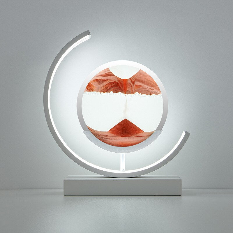 Quicksand art table lamp with rotating sand patterns, 360-degree rotation, elegant design, soft LED light, stress relief.