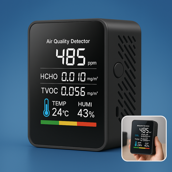 Digital CO2 air quality detector displaying real-time carbon dioxide levels for health monitoring.