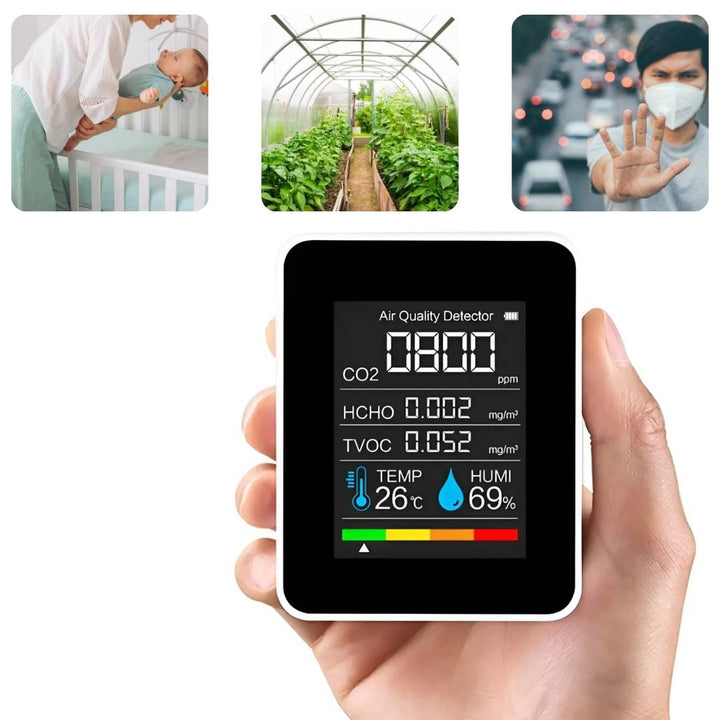 Compact CO2 monitor for home safety, detecting carbon dioxide and ensuring healthy indoor air quality.