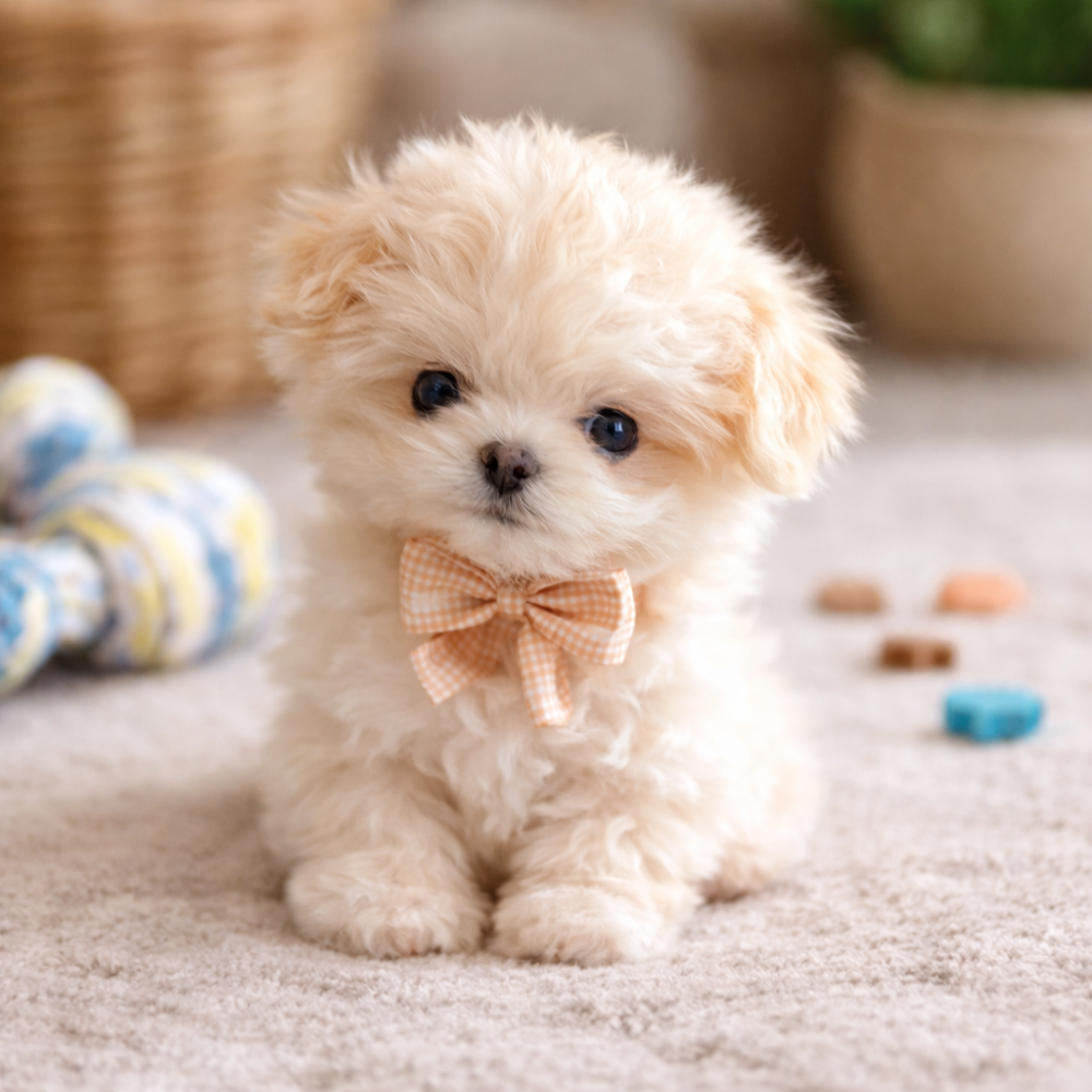 Fluffy realistic brown and white plush puppy, sitting, wagging tail, an interactive moving toy.