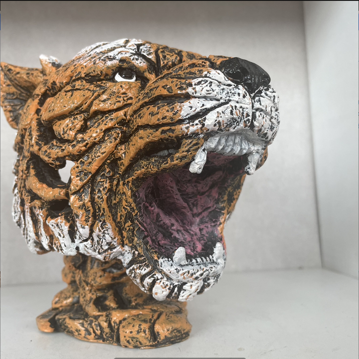 Vibrant stone resin tiger sculpture. Realistic wildlife art figurine, a stunning animal decor home accent or gift.