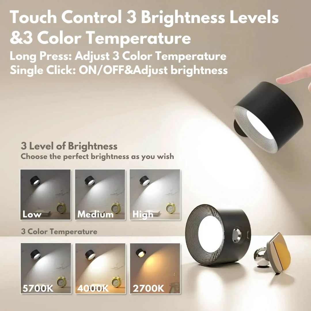 "Rechargeable 360° rotating wall light, features sleek design with magnetic ball joint, touch control, and adjustable lightin