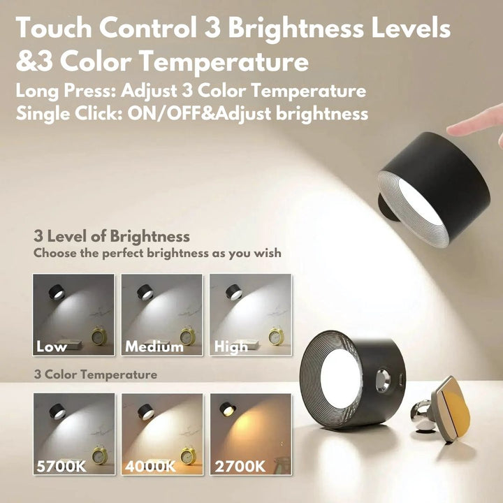 "Rechargeable 360° rotating wall light, features sleek design with magnetic ball joint, touch control, and adjustable lightin