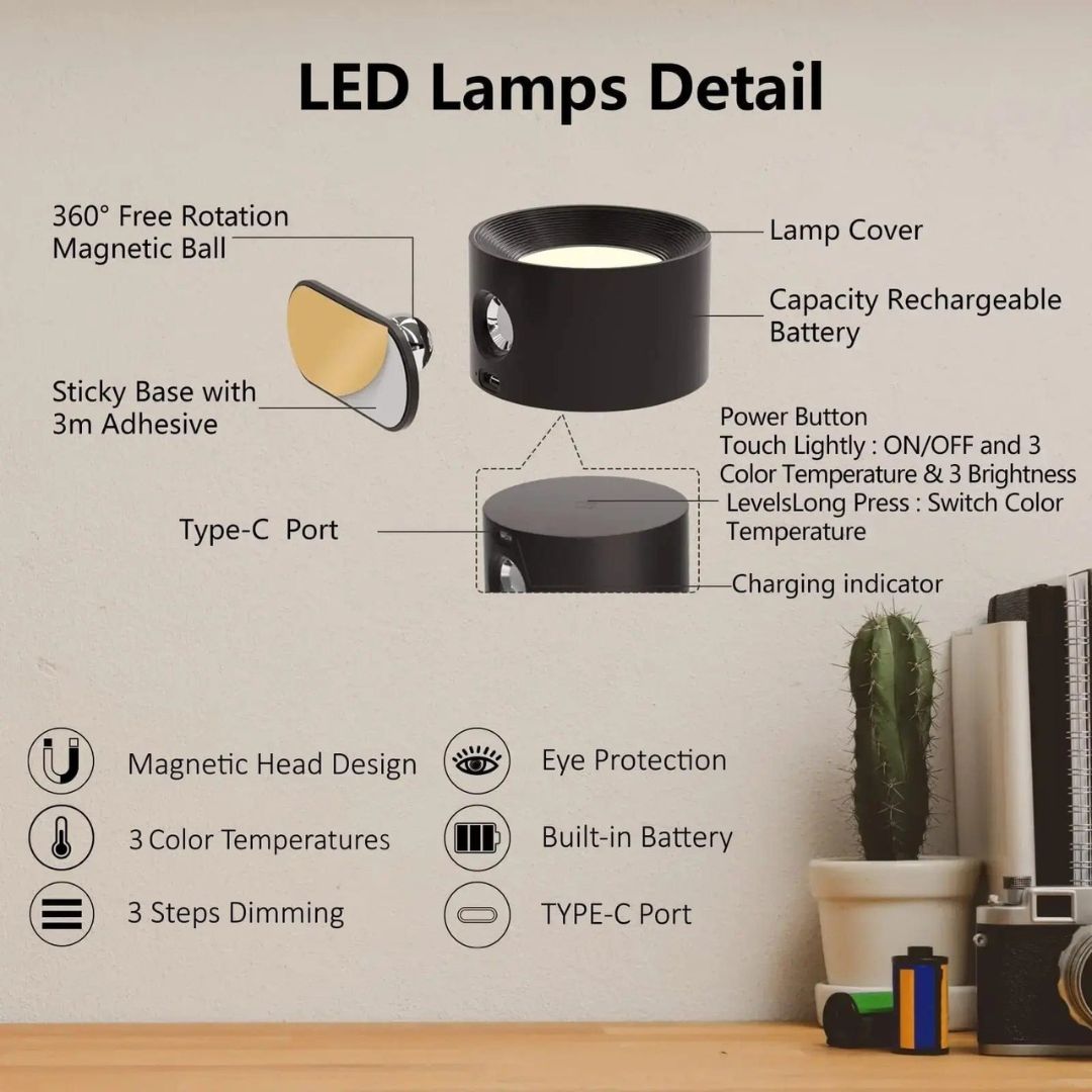 "Rechargeable 360° rotating wall light, features sleek design with magnetic ball joint, touch control, and adjustable lightin