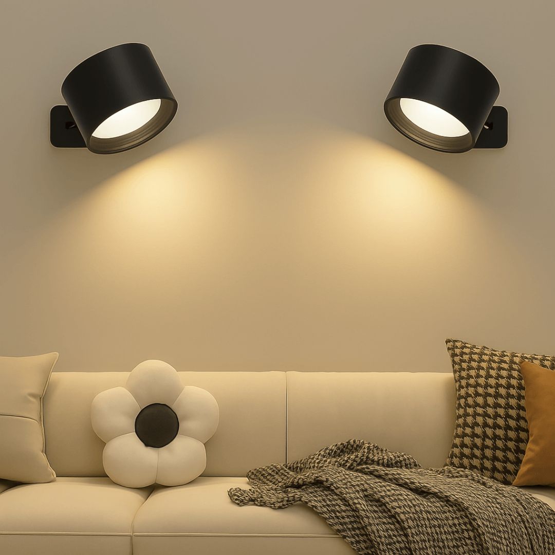 "Rechargeable 360° rotating wall light, features sleek design with magnetic ball joint, touch control, and adjustable lightin