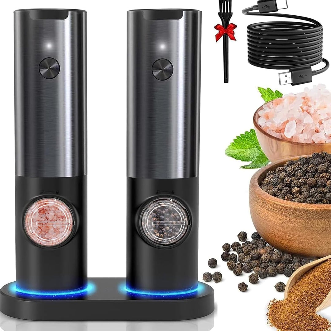Rechargeable electric salt & pepper grinder set. Stainless steel, modern kitchen tool for effortless seasoning.