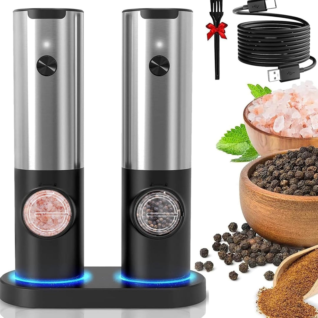 Effortless rechargeable electric salt and pepper mill set, perfect for convenient cooking and fresh spice grinding.
