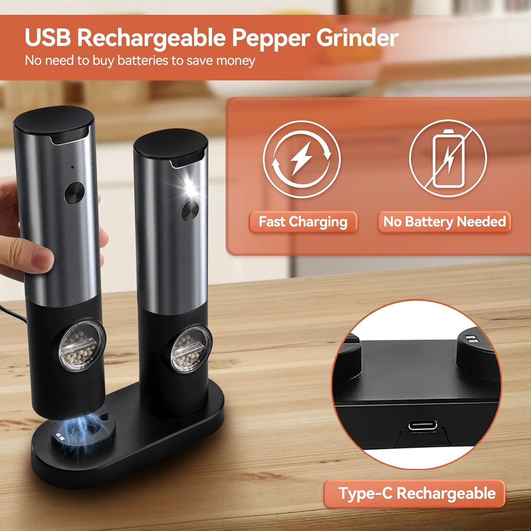 Sleek stainless steel electric salt and pepper grinders, rechargeable for easy, one-hand seasoning.