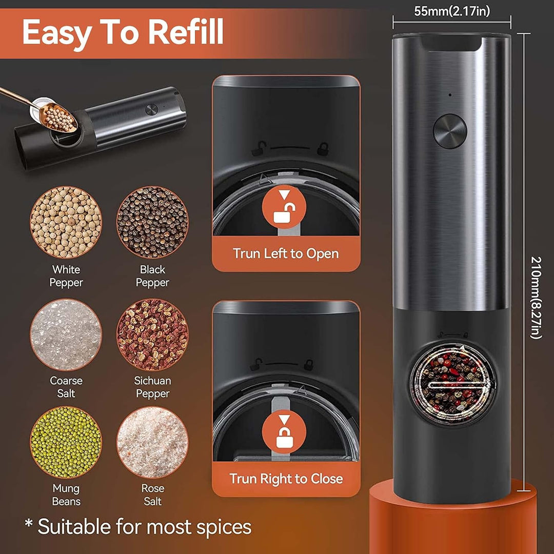 Modern rechargeable electric salt & pepper mill set. Durable stainless steel, ideal for home cooking and dining.