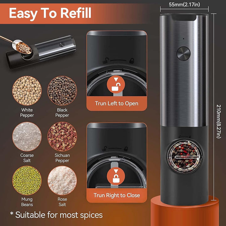 Modern rechargeable electric salt & pepper mill set. Durable stainless steel, ideal for home cooking and dining.