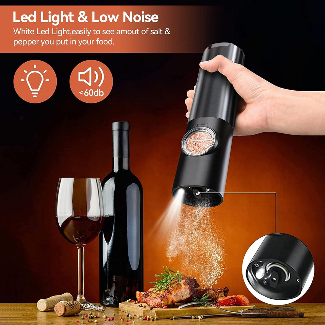 Automatic electric salt & pepper grinder set with rechargeable battery. Essential for fresh spices in the kitchen.