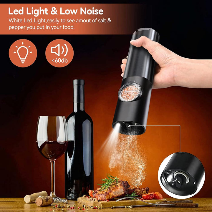 Automatic electric salt & pepper grinder set with rechargeable battery. Essential for fresh spices in the kitchen.
