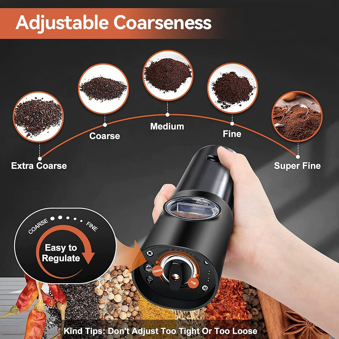 USB rechargeable electric salt and pepper mills. Stainless steel design, perfect for precise seasoning control.