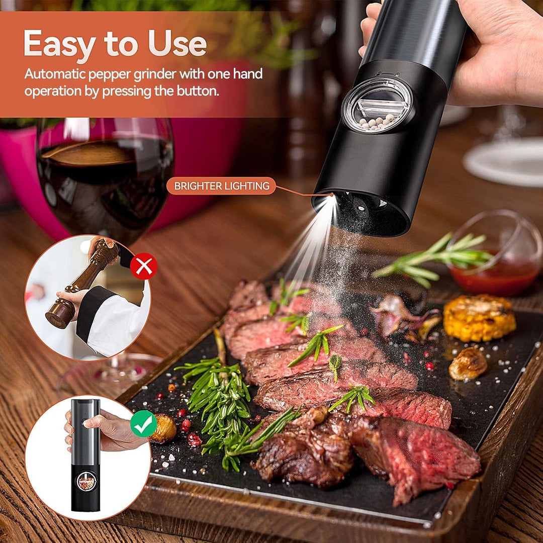 Premium electric salt & pepper grinder set, rechargeable with LED light. Stainless steel kitchen seasoning tool.