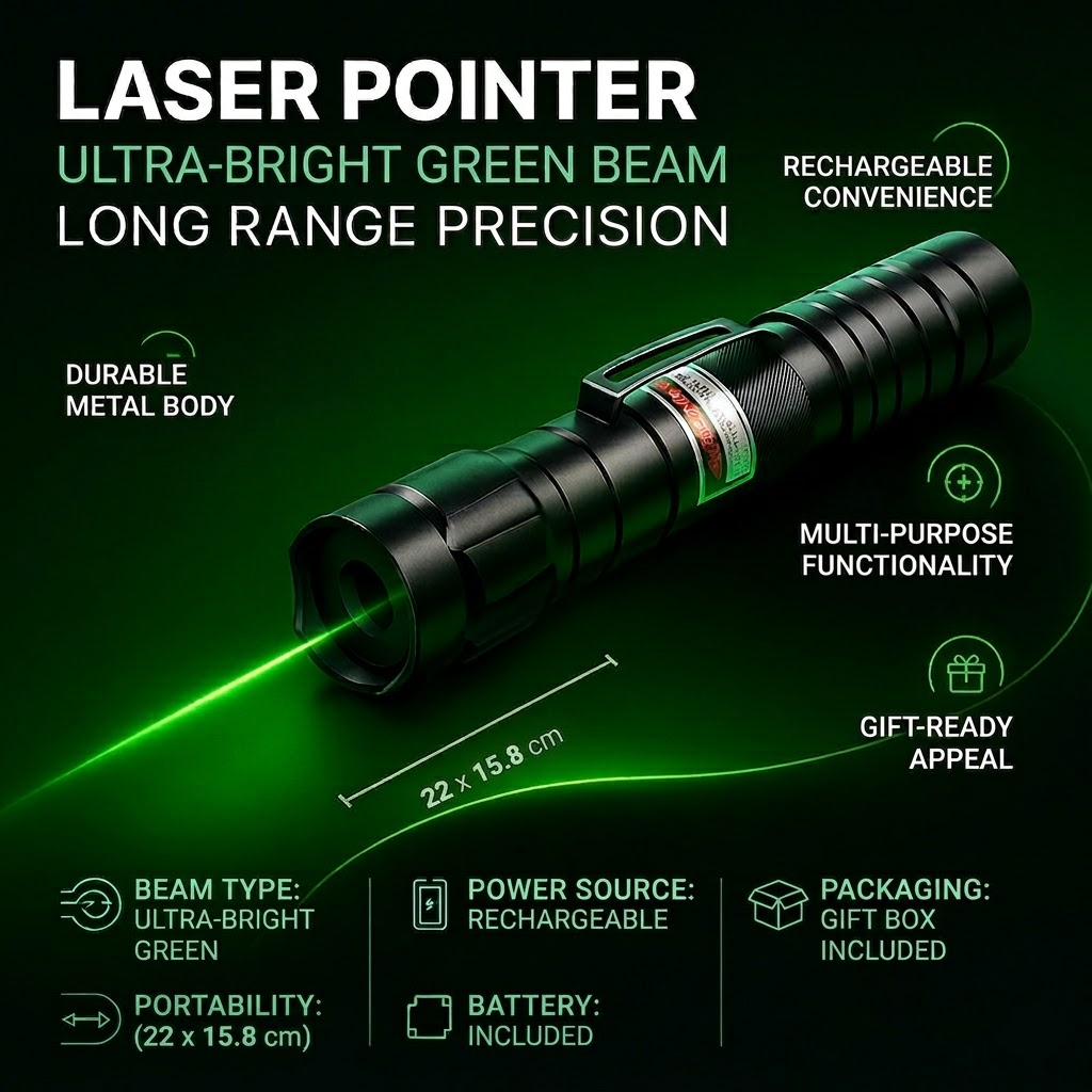 Durable, rechargeable green laser pointer for outdoor exploration, hiking, and long-range signaling.