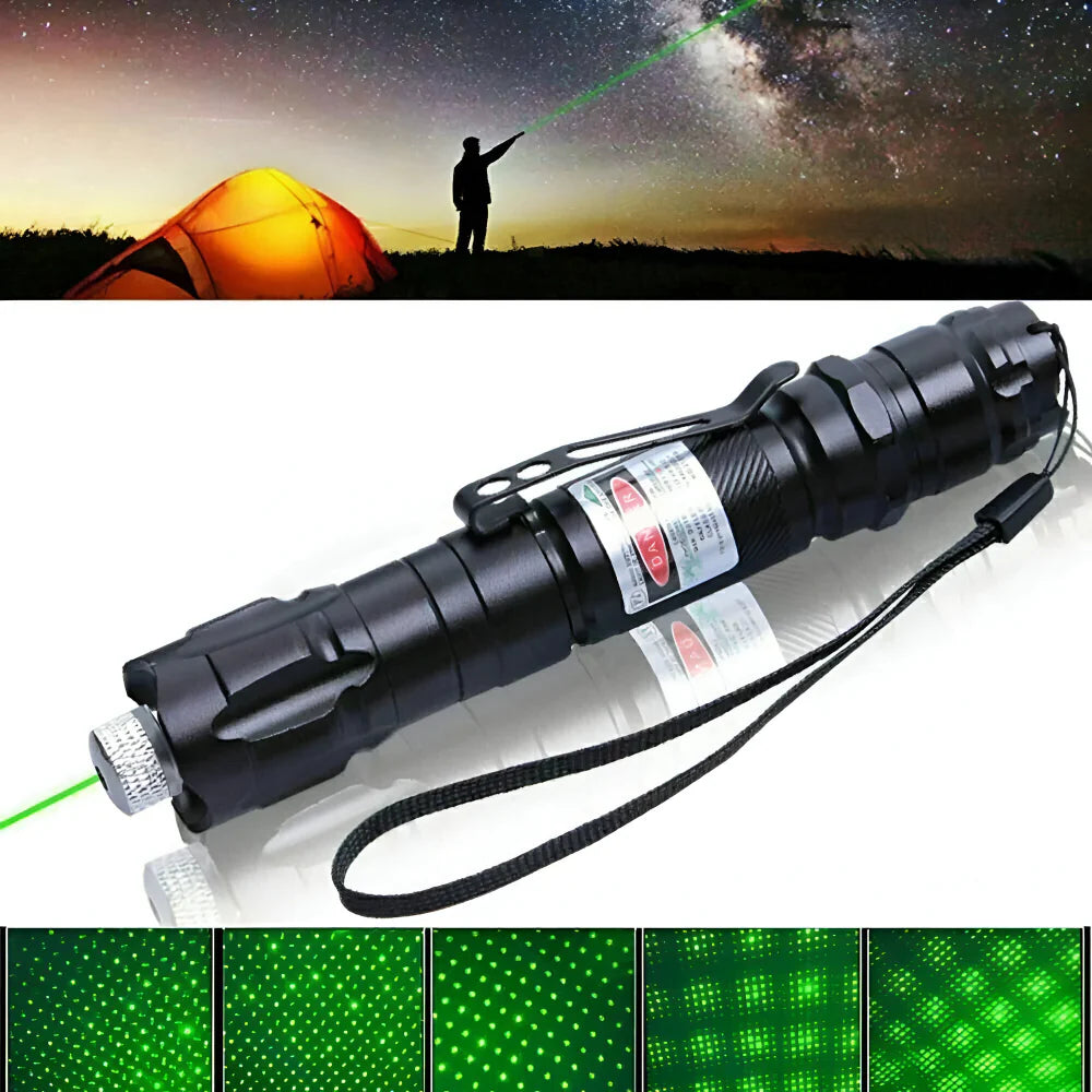 Tactical green laser pointer, rechargeable, for survival, signaling, and outdoor emergencies.