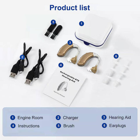 Rechargeable in-ear hearing aids with noise reduction, beige color, designed for comfort and clarity, USB rechargeable.