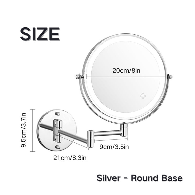 "Rechargeable wall mounted shaving mirror with LED lights, featuring three light settings and a sleek modern design."
