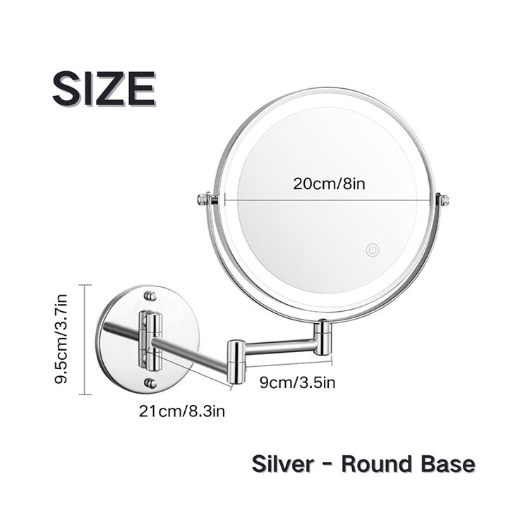 "Rechargeable wall mounted shaving mirror with LED lights, featuring three light settings and a sleek modern design."
